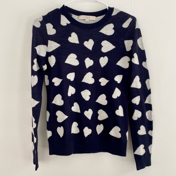 LOFT Navy Blue & White Hearts Wool Blend Crew Neck Sweater Long Sleeve - Picture 1 of 6